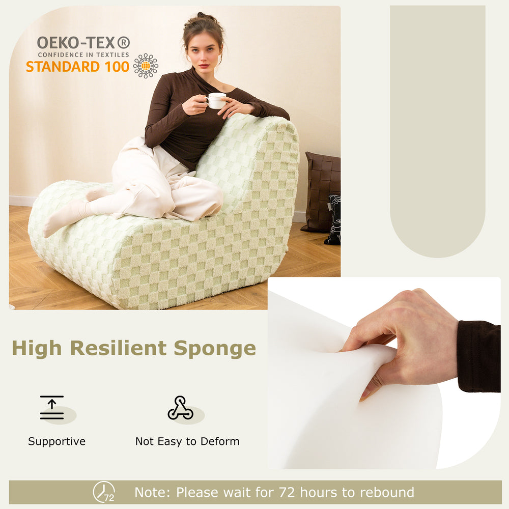 Bean bag chair with ottoman in green, featuring high resilient sponge and soft teddy velvet for comfortable support.