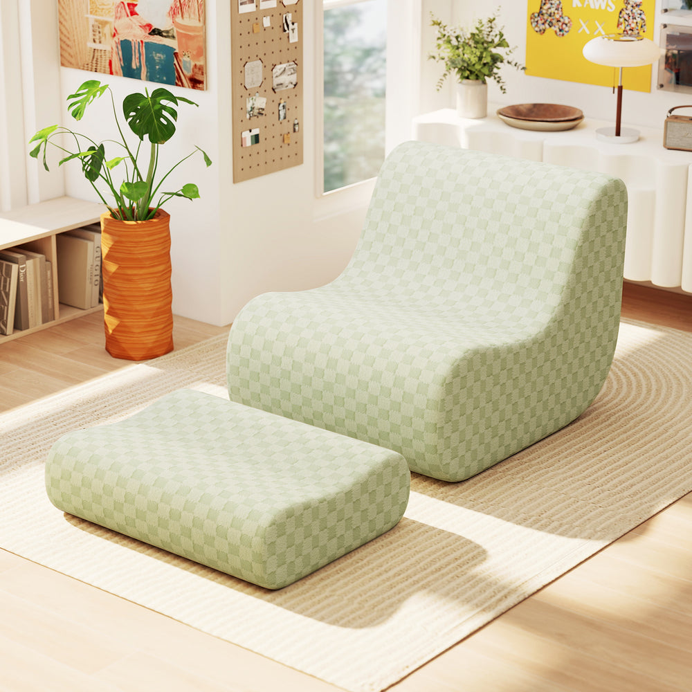 Green bean bag chair with ottoman, showcasing a soft teddy velvet texture and non-slip bottom for safe and stylish.