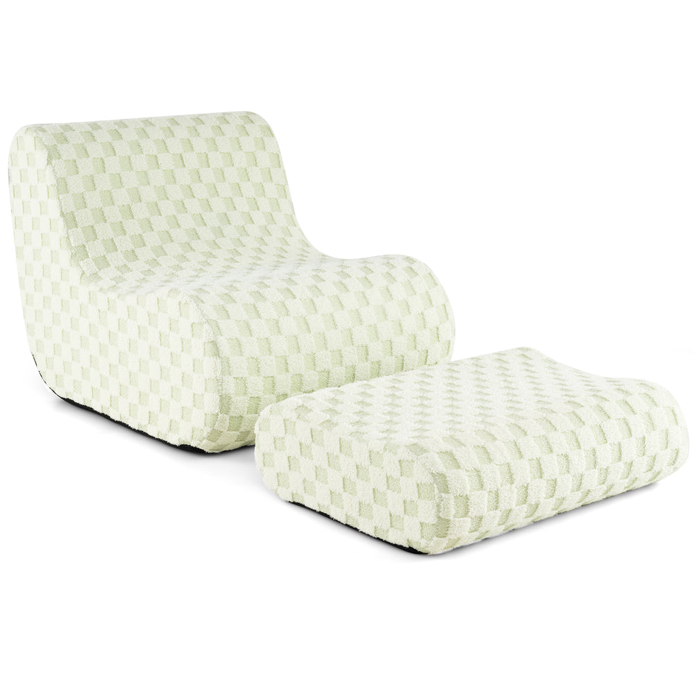 Bean bag chair with ottoman in green chessboard pattern, featuring soft teddy velvet and high elasticity sponge for.
