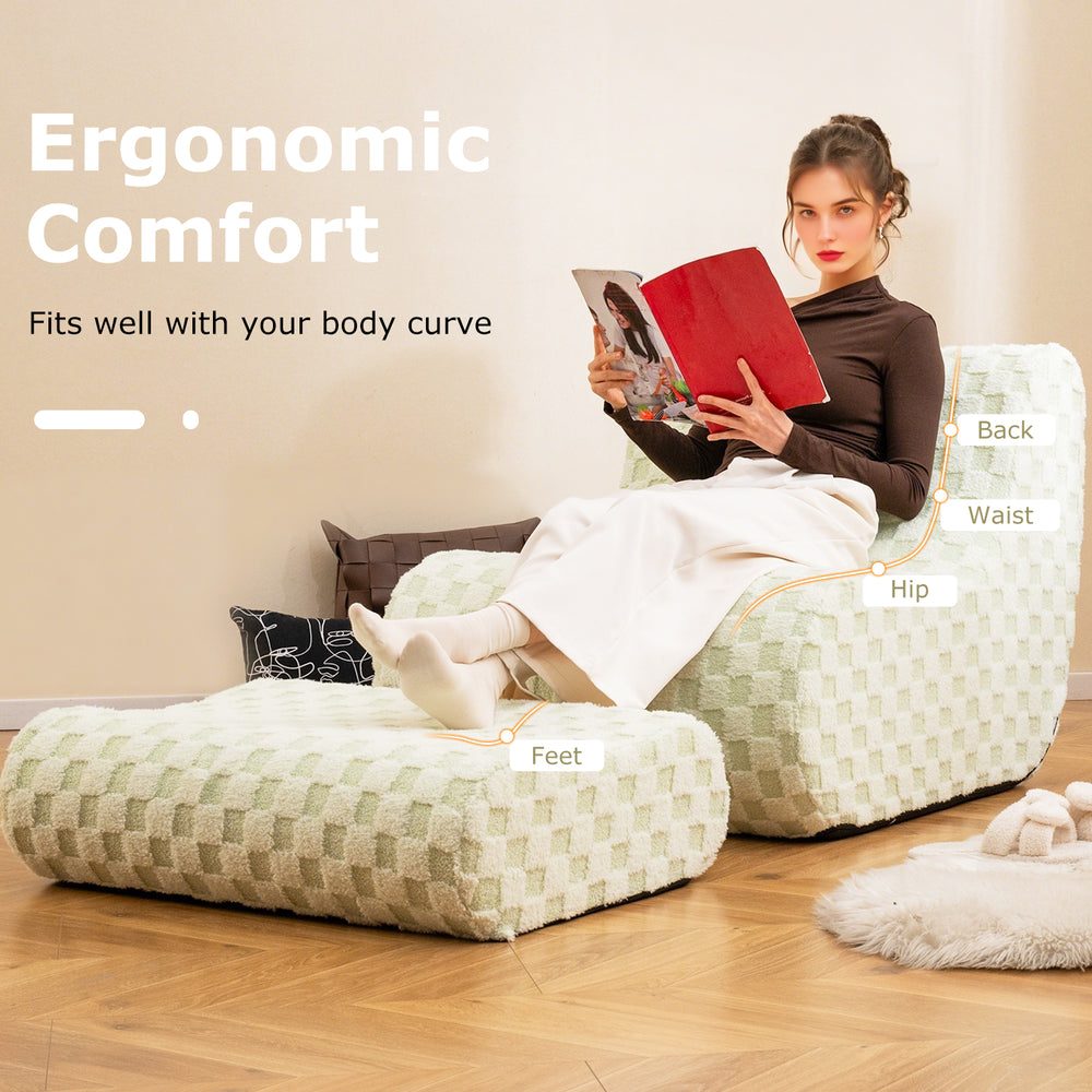 Bean bag chair with ottoman in green, featuring soft teddy velvet and high elasticity sponge for ergonomic comfort.
