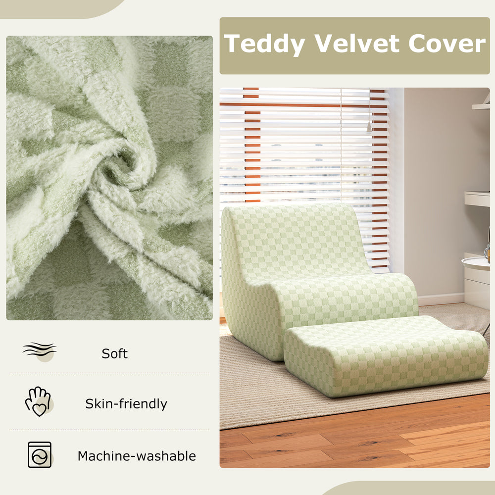 Bean bag chair with ottoman in green teddy velvet, featuring a chessboard pattern and machine-washable covers for easy.