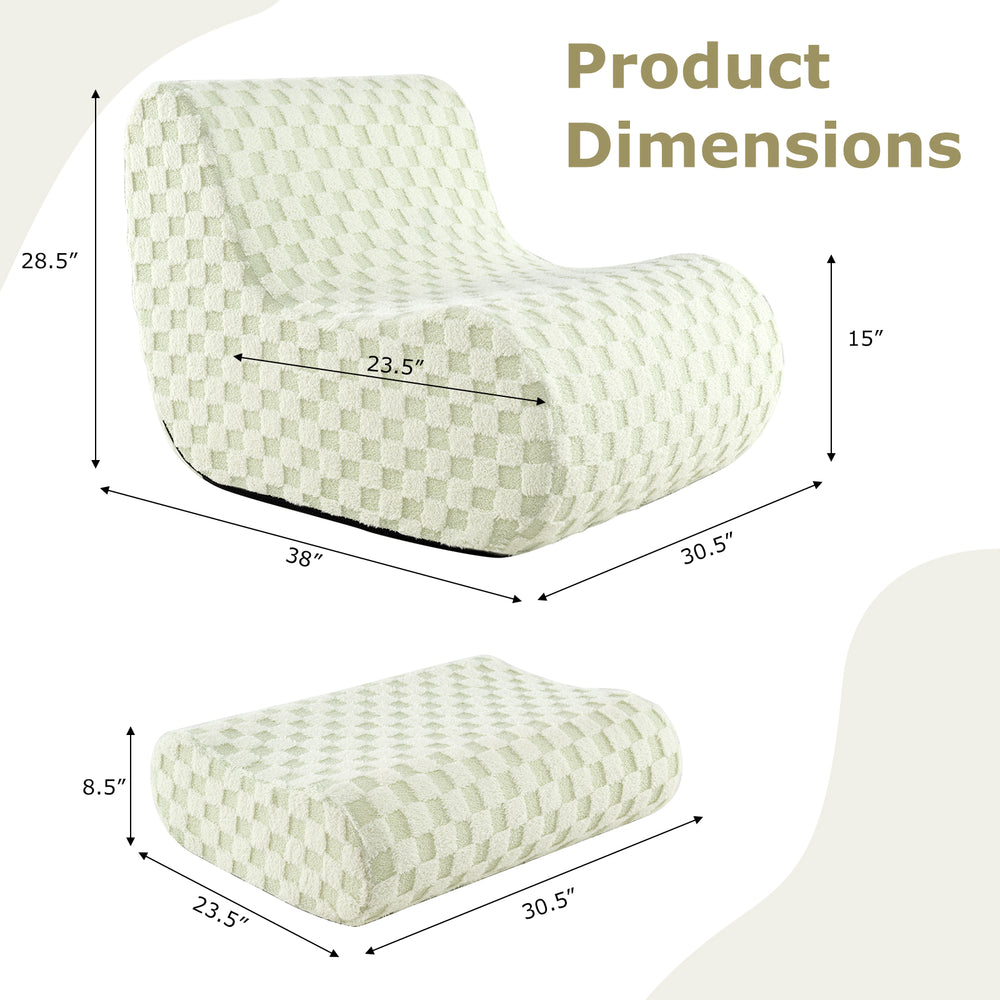 Bean bag chair with ottoman in green, featuring a chessboard pattern and high elasticity sponge for comfort and support.