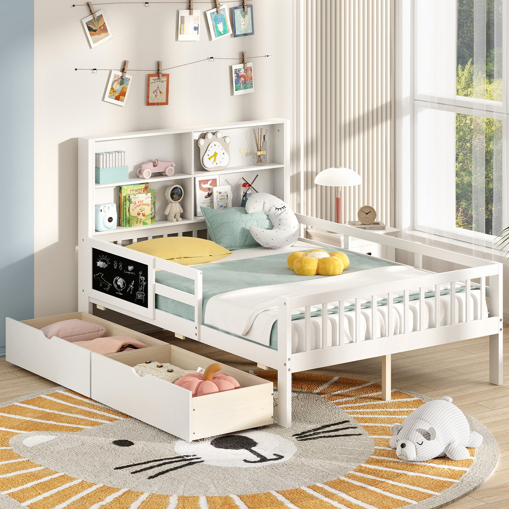 Twin/full size bed frame with bookcase and 2 storage drawers, made of solid pine wood, perfect for kids' bedrooms.
