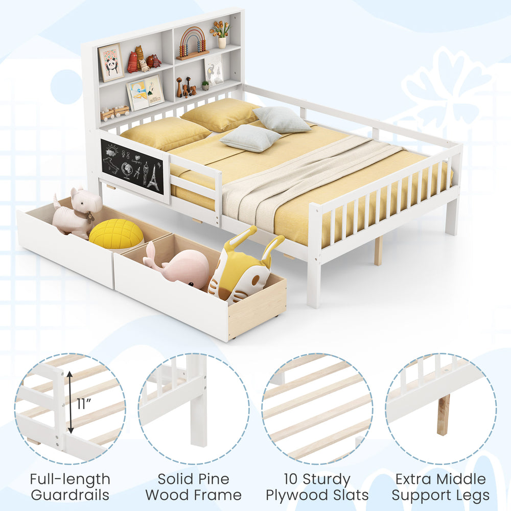 Twin/full size bed frame with bookcase, solid pine wood, guardrails, and two storage drawers for kids' rooms.