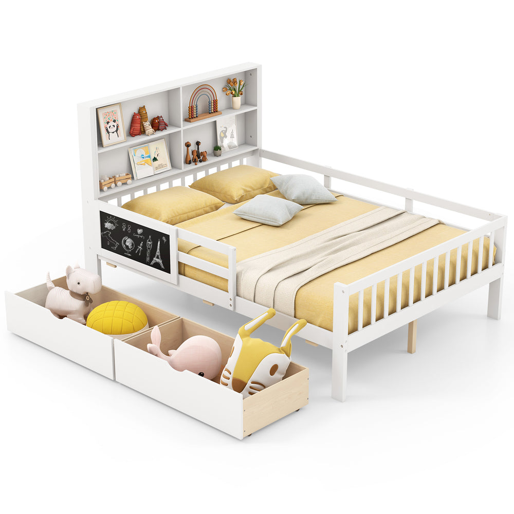 Twin/full size bed frame in white with bookcase, two drawers, and guardrails, perfect for kids' bedrooms.