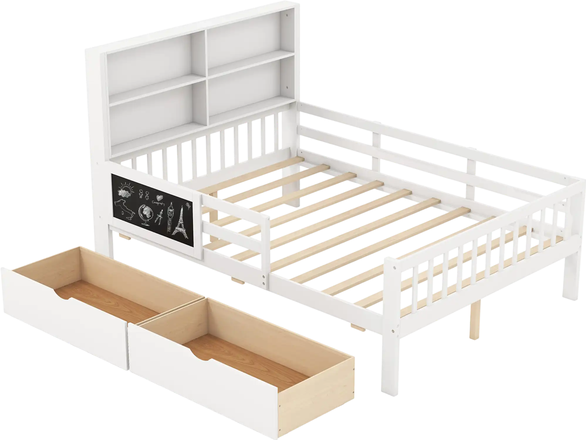 Costway Twin/Full Bed Frame w/ 2 Drawers Bookcase 34821679 New