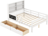 Twin/full size bed frame in white with bookcase, 2 drawers, and guardrails for kids' bedrooms.