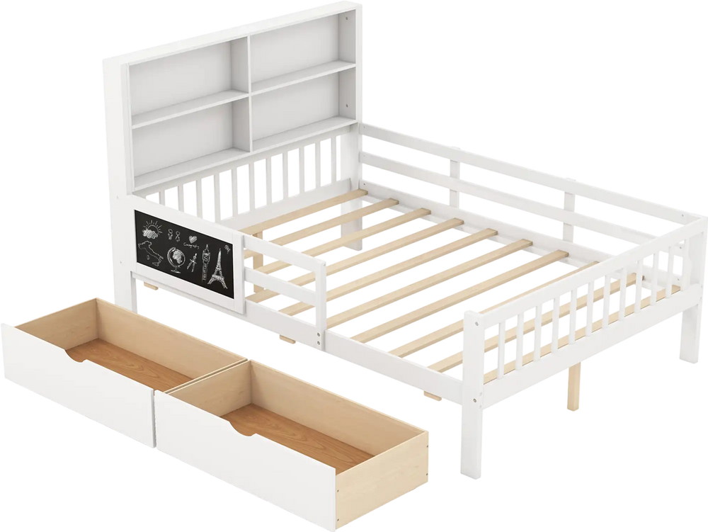 Twin/full size bed frame in white with bookcase, 2 drawers, and guardrails for kids' bedrooms.