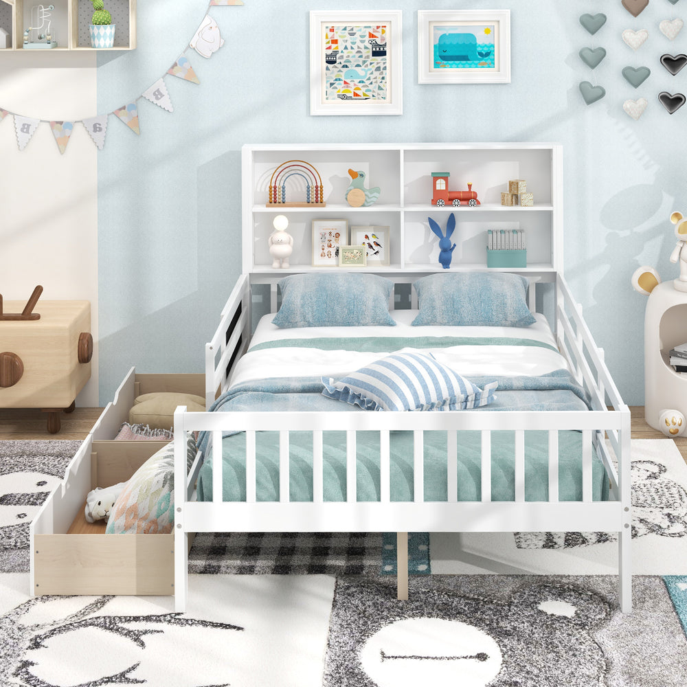 Twin/full size bed frame with bookcase and 2 drawers in white, perfect for boys and girls' bedrooms.