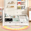 Twin/full size bed frame in white with 2 drawers, bookcase, and writable blackboard for kids' bedrooms.