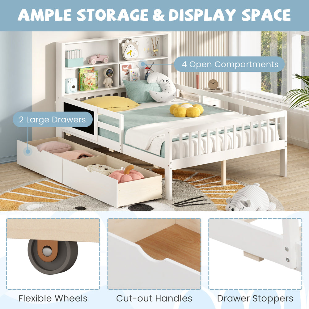 Twin/Full size bed frame with bookcase, featuring 2 large drawers and 4 open compartments for kids' storage needs.