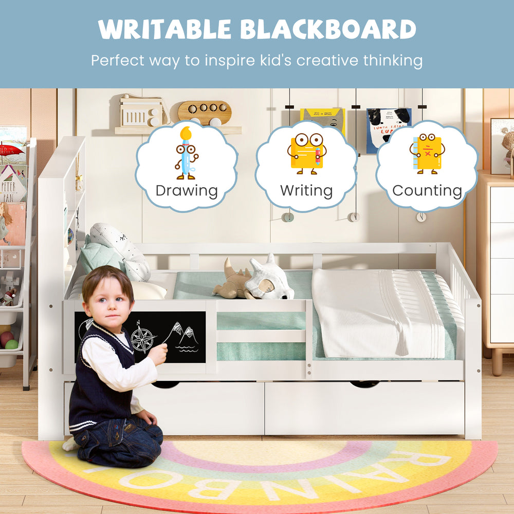 Twin/full size bed frame with writable blackboard, storage drawers, and bookcase for boys and girls' bedrooms.