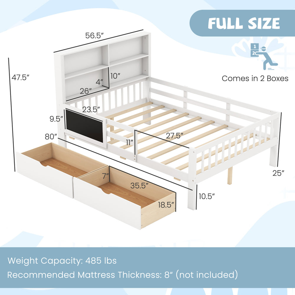 Full size bed frame with bookcase and 2 storage drawers, solid pine wood, suitable for boys and girls' bedrooms.