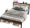 Queen size bed frame with storage headboard and charging station, featuring robust metal legs and under-bed storage.