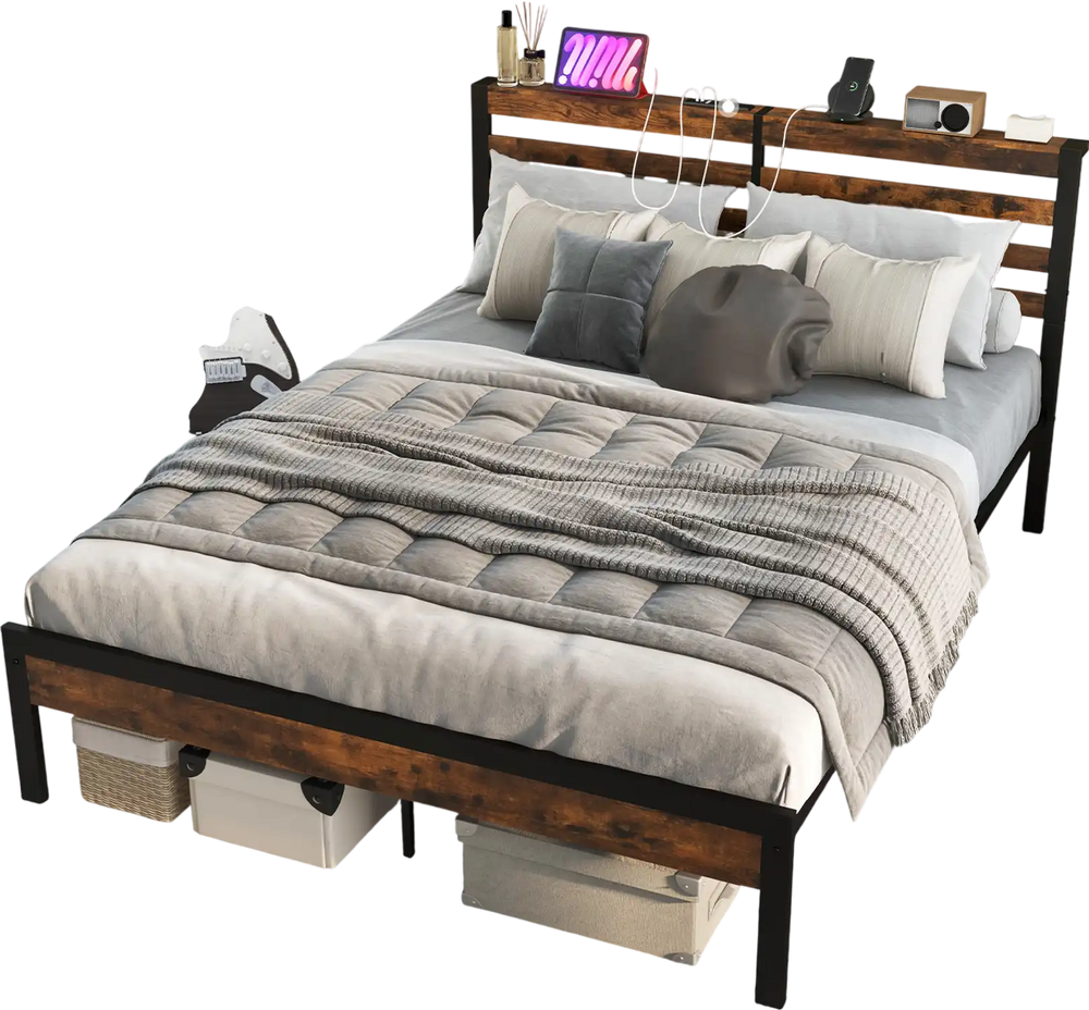 Queen size bed frame with storage headboard and charging station, featuring robust metal legs and under-bed storage.