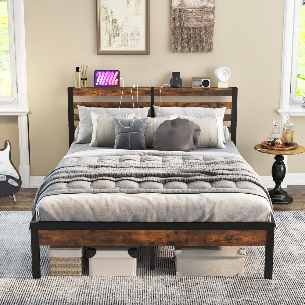 Full/Queen size bed frame with storage headboard, built-in charging station, and robust metal support for a tidy.