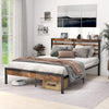 Full/Queen size bed frame with storage headboard and charging station, featuring robust metal legs and under-bed.