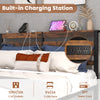 Queen size bed frame with storage headboard featuring built-in charging station and two USB ports for convenient access.