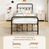 Twin size black bed frame with headboard, featuring under bed storage and anti-skid design for mattress stability.
