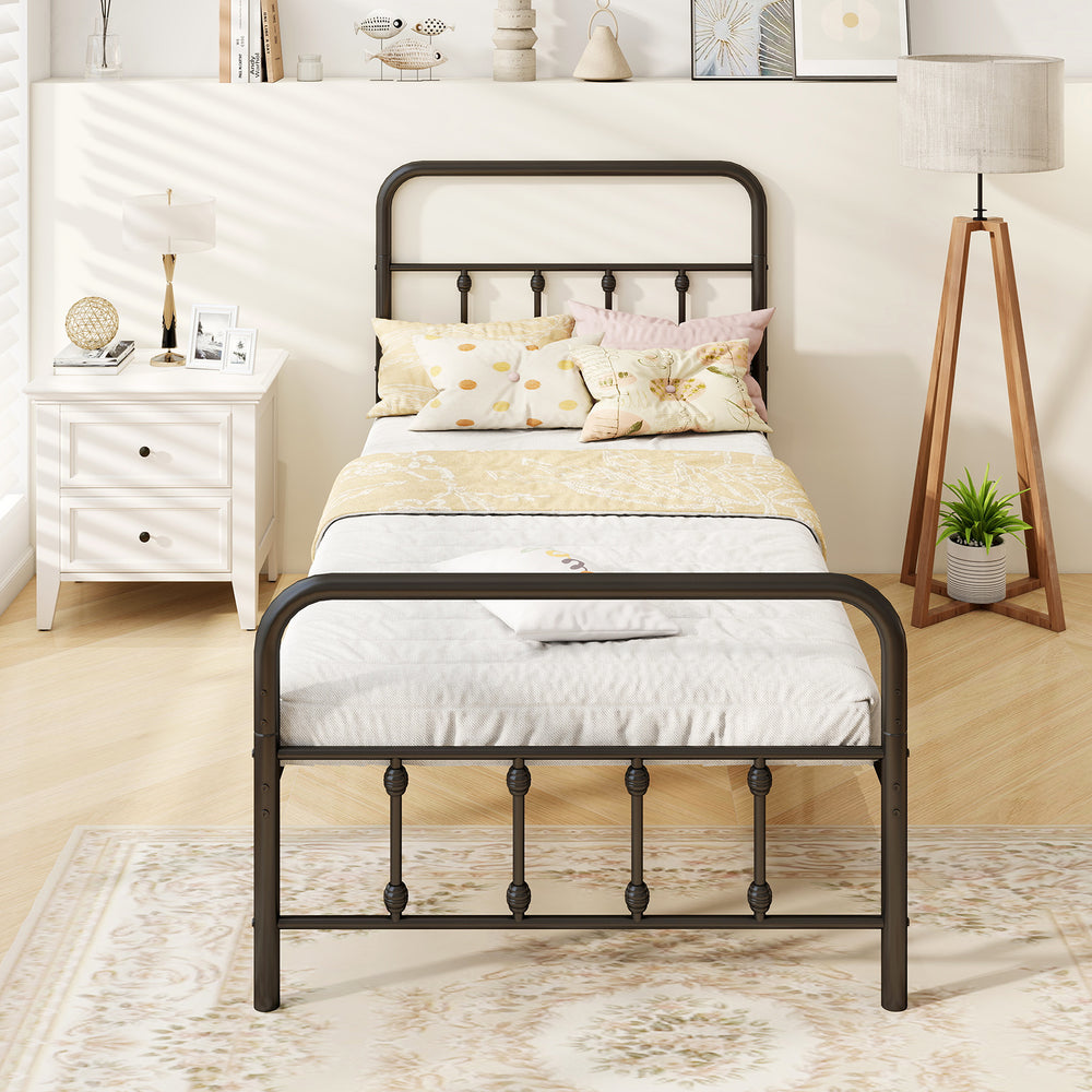 Twin size black bed frame with headboard, vintage design, under bed storage, and noise-free construction for restful.