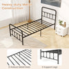 Twin size black bed frame with headboard, heavy-duty metal construction, 12 robust slats, and under bed storage space.
