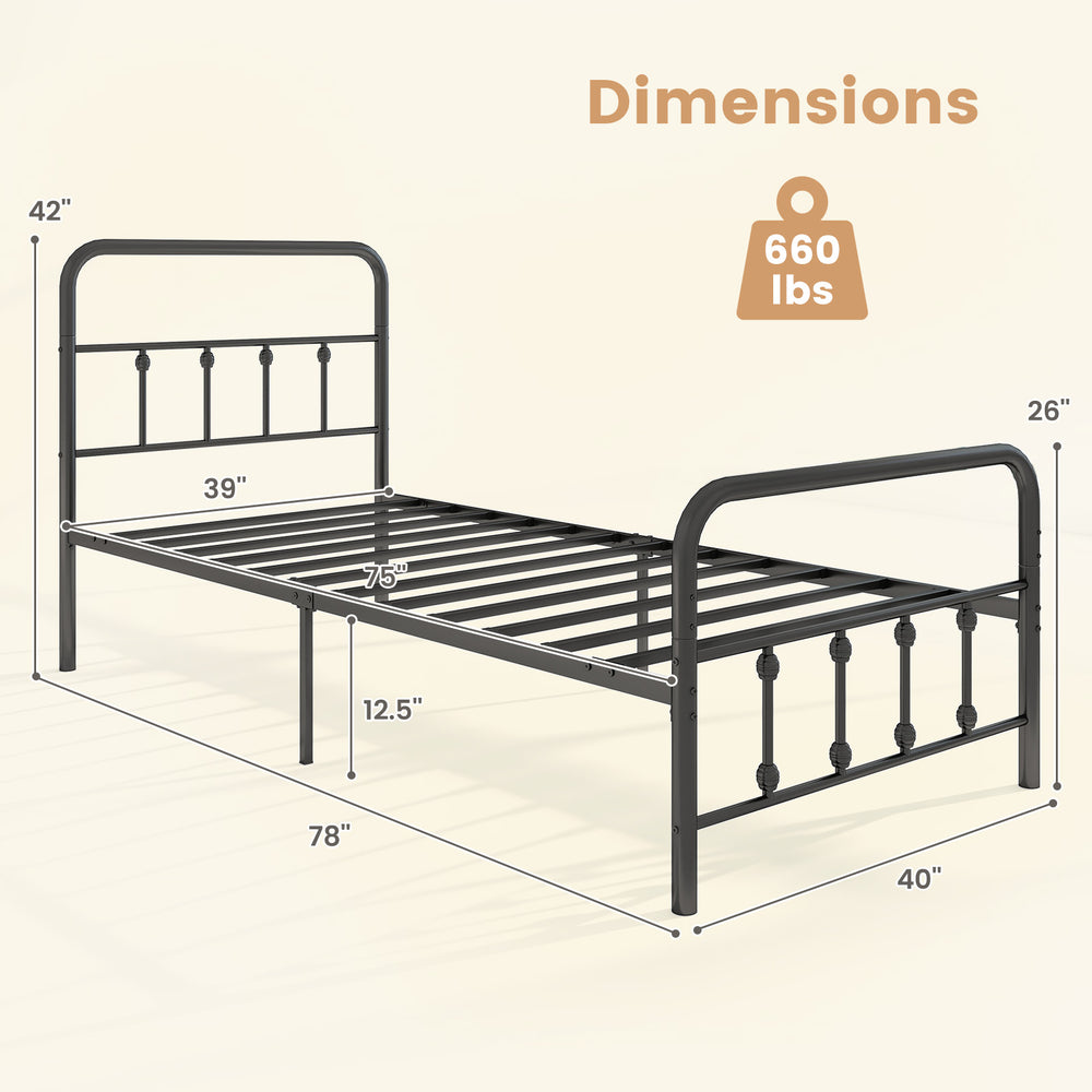 Twin size black bed frame with headboard, featuring 12.5" under bed storage and classic Victorian style dimensions.