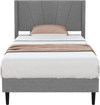 Twin bed frame with linen upholstered wingback headboard, featuring a quilted design and solid wood legs for stability.