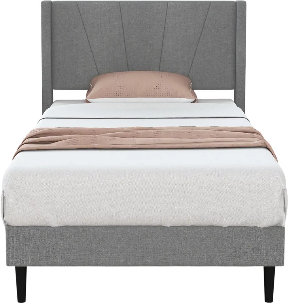 Twin bed frame with linen upholstered wingback headboard, featuring a quilted design and solid wood legs for stability.