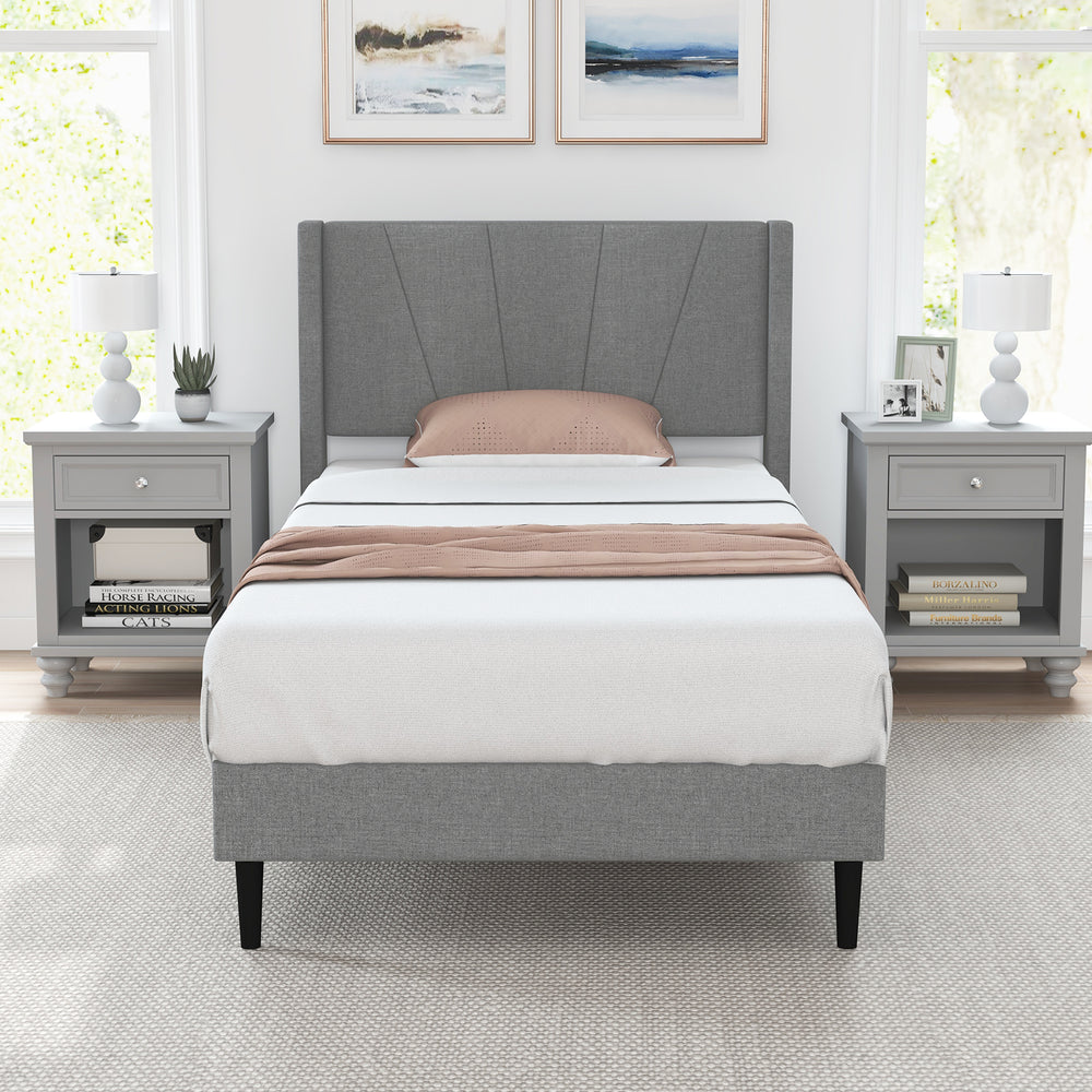 Twin/Queen Bed Frame with Linen Upholstered Wingback Headboard-Twin Size - Gallery View 1 of 10