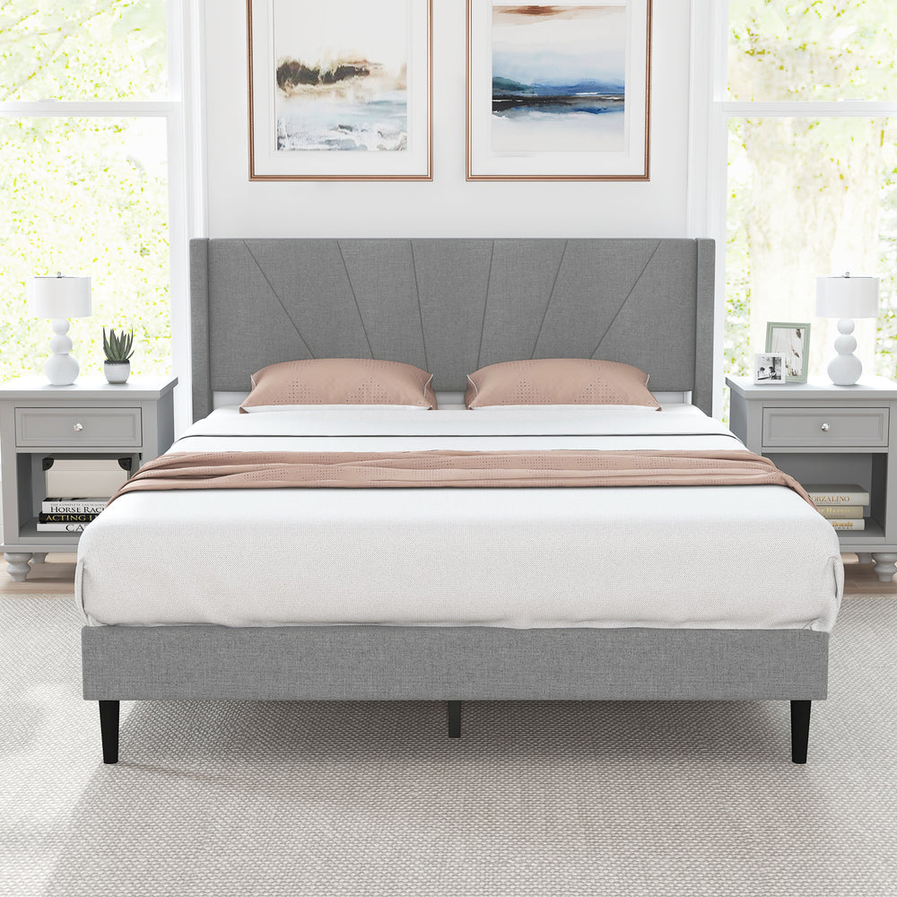 Twin/Queen Bed Frame with Linen Upholstered Wingback Headboard-Queen Size - Gallery View 1 of 10