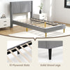 Twin bed frame with linen upholstered wingback headboard, featuring solid wood legs and 10 plywood slats for support.