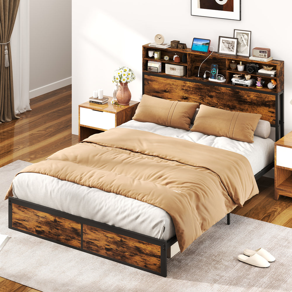 Twin/Full/Queen/King Size Bed Frame with Storage Headboard Industrial Metal Platform Bed-Queen Size - Gallery View 1 of 10