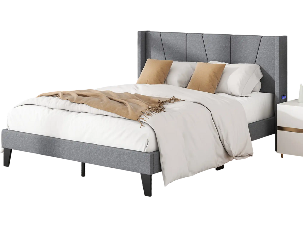 Full/Queen size bed frame with wingback headboard, upholstered in breathable fabric, featuring wood slat support and.