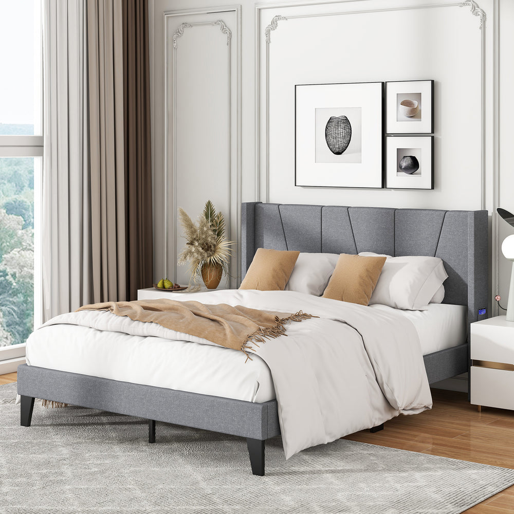 Full/Queen Size Bed Frame with Wingback Headboard and Wood Slat Support-Full Size - Gallery View 1 of 9