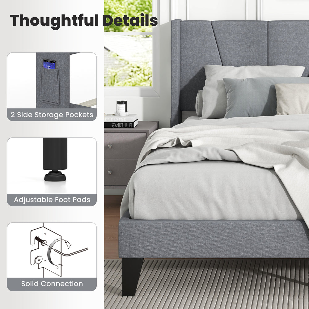 Full/Queen size bed frame with wingback headboard, side storage pockets, and adjustable foot pads for stability.