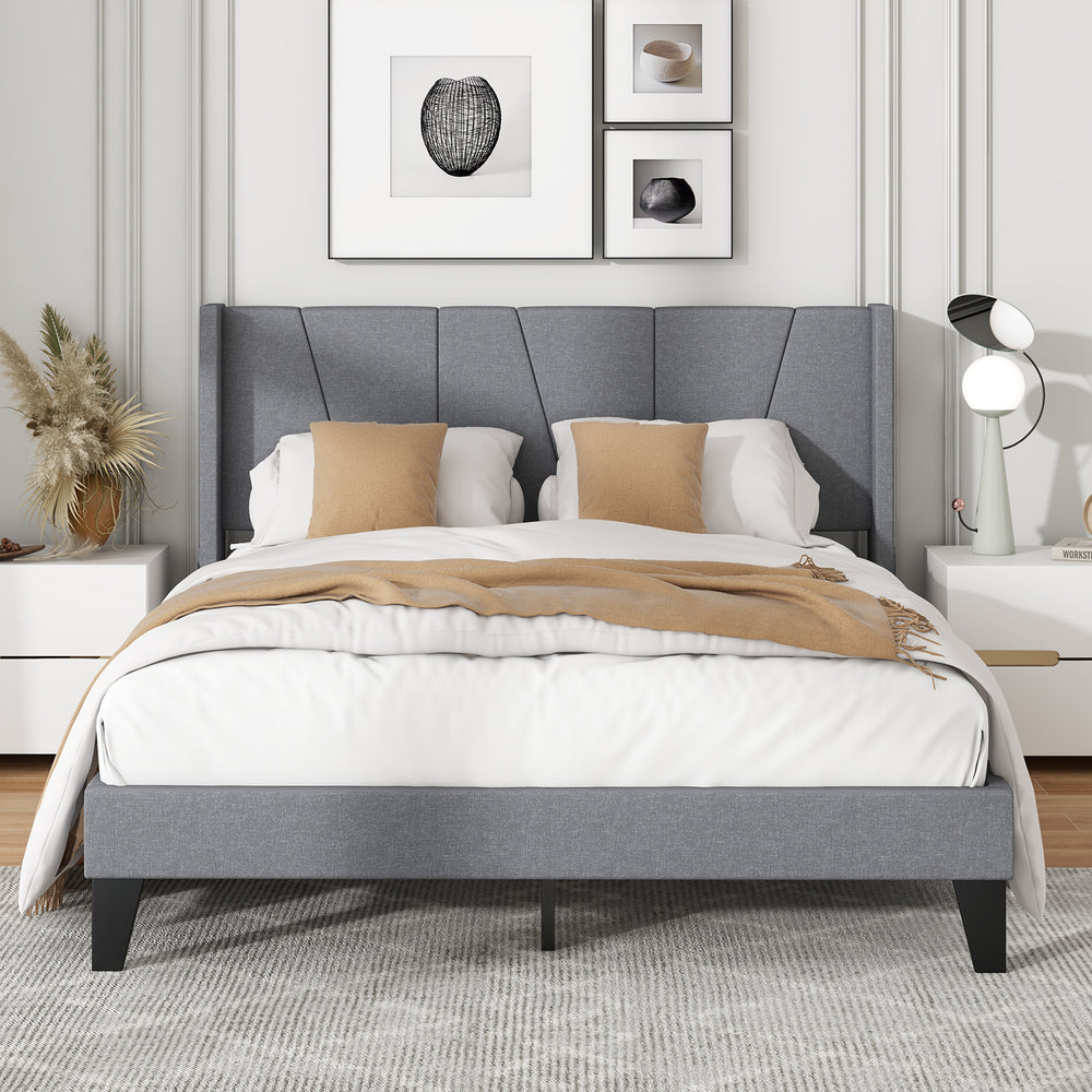 Full/Queen size bed frame with a stylish gray wingback headboard, featuring a ventilated slat support system for.