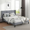 Full/Queen size bed frame with wingback headboard, upholstered fabric, and wood slat support for enhanced comfort.