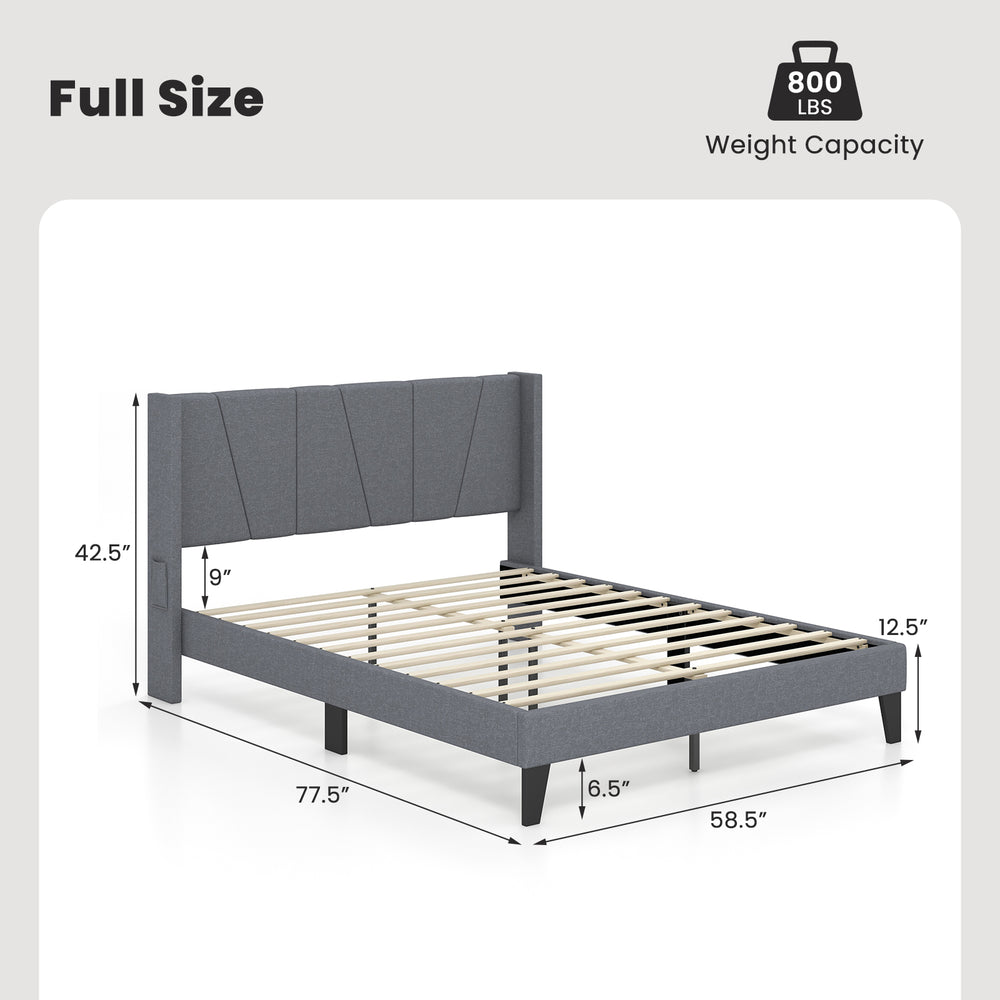 Full size bed frame with wingback headboard, wood slat support, and storage pockets for added convenience.