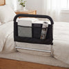 Bed assist safety rail with adjustable height, padded handrail, and mesh pocket for convenient storage beside the bed.