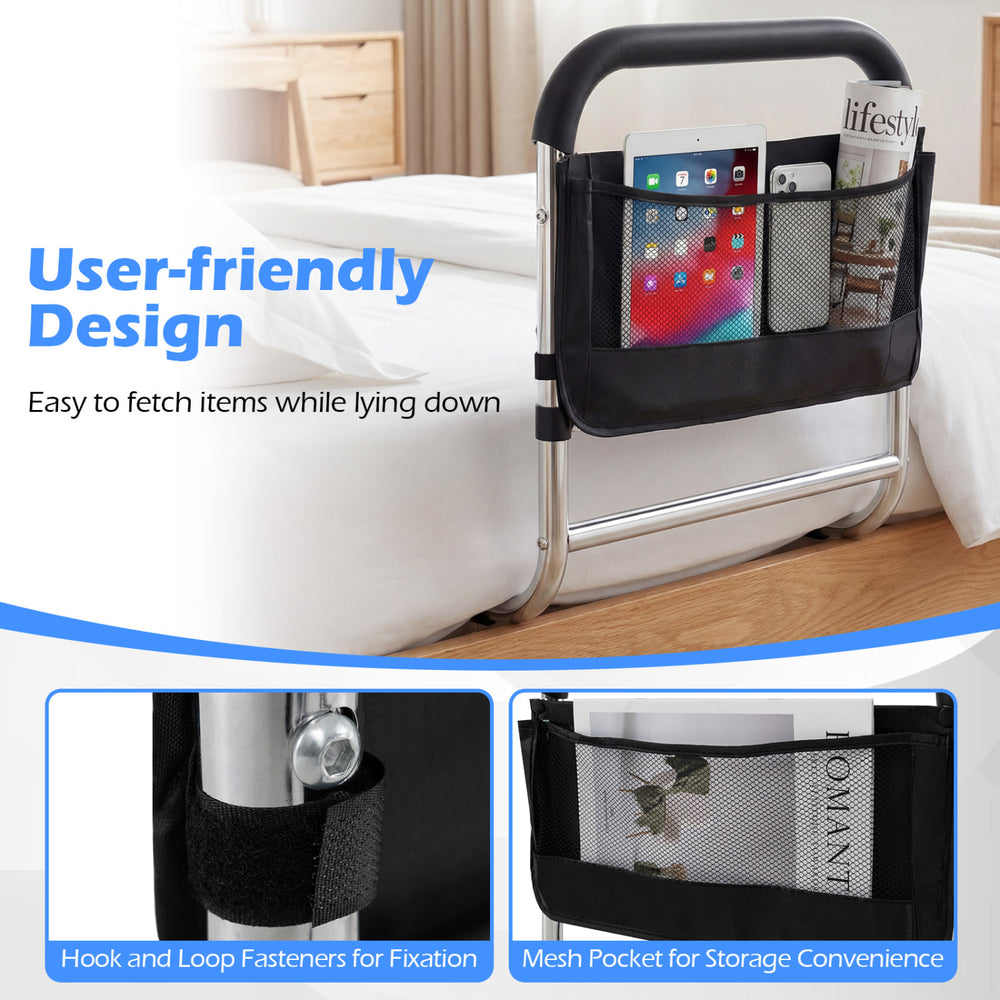 Bed rail for elderly adults featuring a heavy-duty metal frame, adjustable height, and mesh pocket for easy item access.