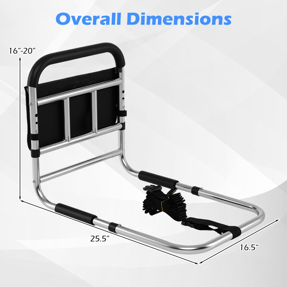 Height adjustable bed assist safety railing with padded handrail and mesh pocket for elderly adults and seniors.