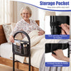 Bed assist rail with adjustable height, padded handrail, and storage pocket for elderly safety and convenience.