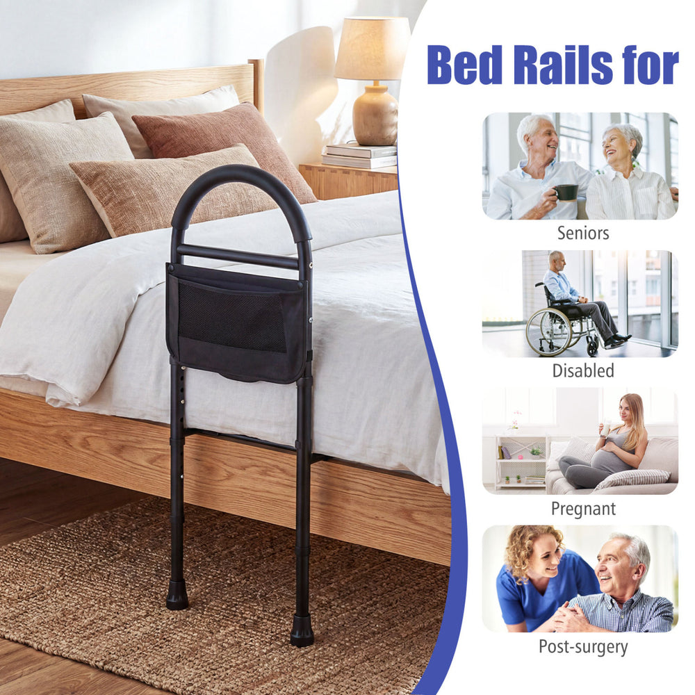 Height adjustable bed rails for elderly adults, featuring a padded handrail and storage pocket for added safety and.
