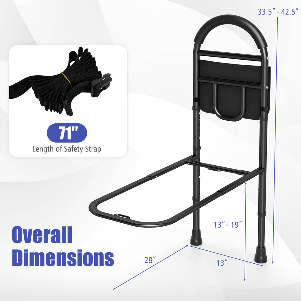 Height adjustable bed assist rail with safety strap, sturdy metal construction, and soft padded handrail for elderly.