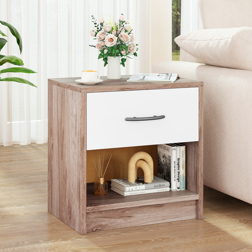 Bedside Table Nightstand with Drawer and Open Storage Shelf-Oak - Gallery View 1 of 10