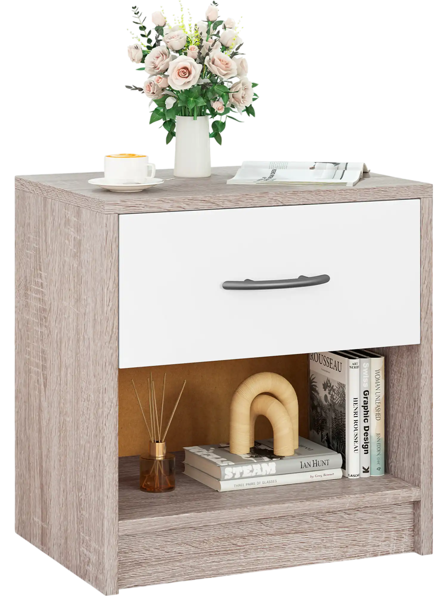 Costway Bedside Nightstand Side Table w/ Drawer Open Shelf Light Gray 93451762 New