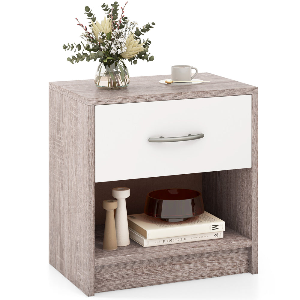 Light gray bedside table nightstand with a drawer and open shelf, ideal for bedroom or living room storage.