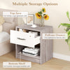 Light gray bedside table nightstand featuring a pull-out drawer and open storage shelf for convenient organization.