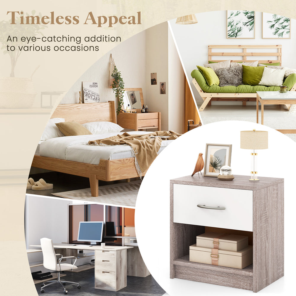 Light gray bedside table nightstand with drawer and open shelf, perfect for bedroom or living room use.