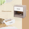 Light gray bedside table nightstand with drawer and open shelf, featuring dimensions for easy placement and assembly.